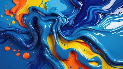 Poster - Vibrant abstract paint texture with flowing colors of blue orange and yellow creating a dynamic and fluid composition