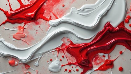 Poster - Red and white paint swirls on canvas abstract background with drops and splatters in artistic composition