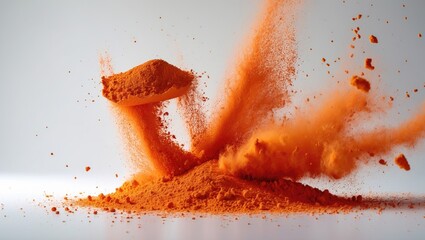 Poster - orange powder explosion creating dynamic movement and texture on a white background with particles d