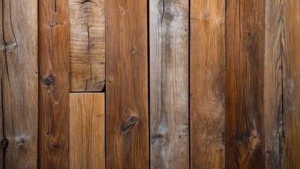 Poster - Wooden wall background with varied textures and colors of aged timber planks arranged in a rectangular composition.