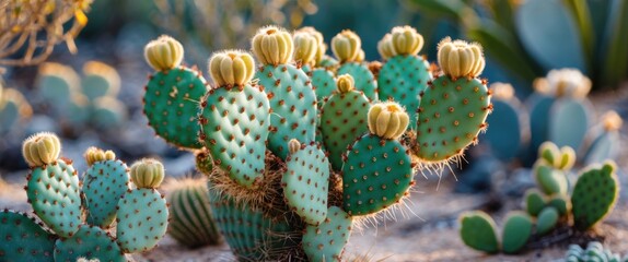 Poster - Cacti cluster with developing flower buds in a desert landscape during golden hour light.