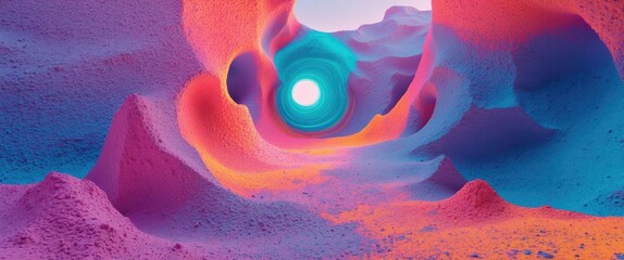 Poster - Abstract colorful landscape with vibrant gradient hues and smooth organic shapes leading to a central light source in a surreal environment