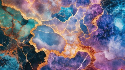 Aufkleber - Colorful abstract background with fluid shapes and golden lines resembling agate or marble texture in shades of blue, purple, and orange