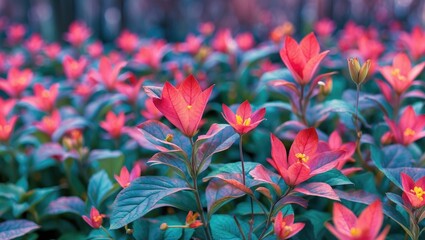 Poster - vivid pink flowers among green foliage in a garden setting with soft focus and natural lighting