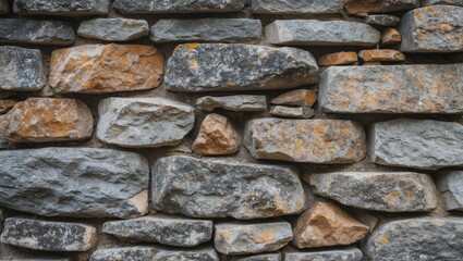 Poster - Textured stone wall made of various sizes and shapes of gray and orange stones arranged in a rustic pattern.
