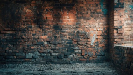 Poster - Textured red brick wall with varying shades and patches in an empty room with scattered gravel on the floor.