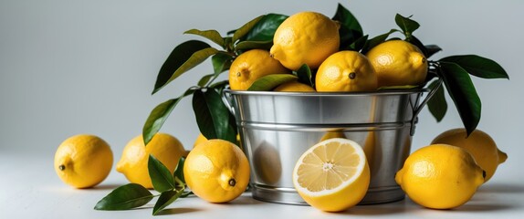 Poster - Freshly harvested lemons in a silver metal bucket with green leaves on a white background showcasing whole and sliced lemons