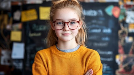 Smiling caucasian female teen in glasses standing confidently against creative background