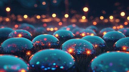 Poster - Colorful spherical bubbles reflecting lights on grass in a nighttime setting with a bokeh effect in the background