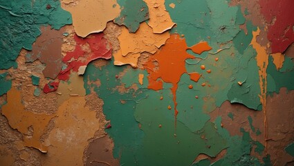 Poster - Abstract close-up of old peeling paint in multiple colors including green, orange, beige, and red creating a textured background.