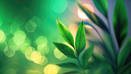 Poster - Green blurred background with bright circular bokeh and green leaves in the foreground creating a vibrant natural atmosphere