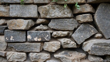 Poster - Stone wall texture composed of various sized gray and beige stones with moss and small vegetation growing between them.