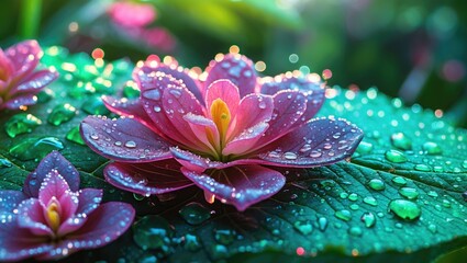 Poster - Close-up of pink lotus flowers with water droplets on leaves in a lush green garden setting. Bright and vibrant natural colors.