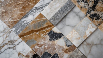 Poster - Variety of textured marble tiles arranged in a geometric pattern with different colors and veining including white, black, gray, and brown.
