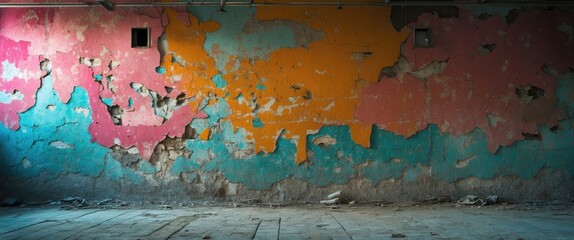 Poster - Colorful peeling paint on an old wall with exposed patches and a distressed surface in an empty interior space.