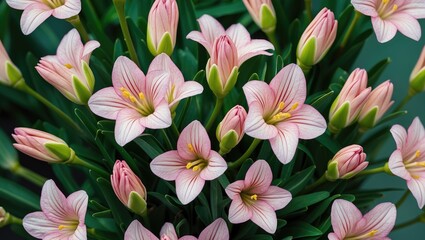 Poster - pink and white blooming flowers with green leaves in a close-up nature garden setting