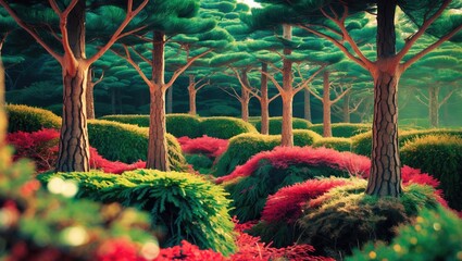 Poster - Lush green forest landscape with vibrant colorful foliage and tall trees during bright sunlight in a serene natural setting