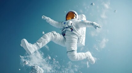 Wall Mural - astronaut jumping in low gravity near the moon hyper realistic in the background generative ai