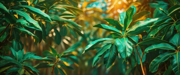 Poster - Tropical foliage with lush green leaves and soft sunlight filtering through trees in a natural setting