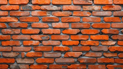 Poster - Textured red brick wall with irregular patterns and varying shades of orange and gray mortar, showcasing rustic construction materials.