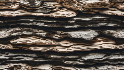 Poster - Textured layers of sedimentary rock with varying shades of gray and tan, close-up view of natural geological formations.