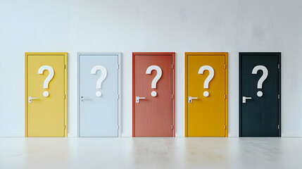Five Colorful Doors With Question Marks On A White Wall Symbolizing Choices And Decisions