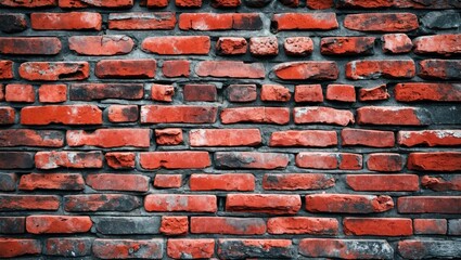 Poster - Red brick wall with a mix of dark mortar showcasing a textured surface and varied brick patterns ideal for backgrounds and architectural design.