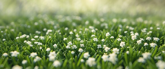 Poster - Green grass field with small white flowers under soft natural light in a blurred background