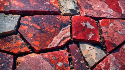 Poster - Textured surface of red and gray stone tiles arranged in a geometric pattern on the ground