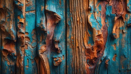Poster - Textured close-up view of weathered wood with blue and orange paint peeling, showcasing natural patterns and color contrasts.