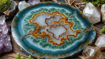 Poster - colorful natural agate slice displaying intricate patterns and surrounding crystals on wooden backgr