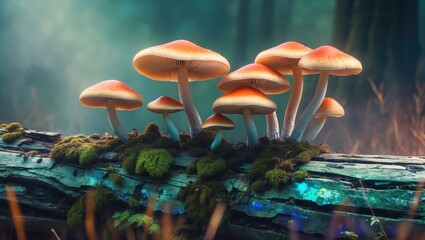 Poster - Mushrooms growing on a decaying log in a misty forest with vibrant orange caps and green moss in soft natural light