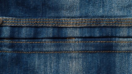 Poster - Denim fabric close-up showing textured surface and stitching details in blue color with copper threads