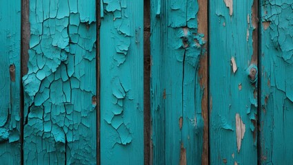 Poster - Textured close-up of weathered turquoise paint peeling from wooden planks displaying patterns of decay and aging in rustic background.