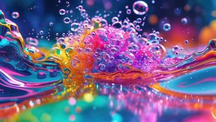 Poster - colorful abstract liquid with bubbles and vibrant splashes in a dynamic composition reflecting light