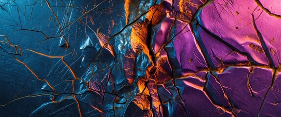 Aufkleber - Abstract textured background with cracks and vibrant colors of blue, orange, and purple lighting effects.