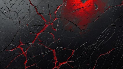 Aufkleber - Cracked black surface with red highlights creating an abstract textured background ideal for artistic designs and concepts.