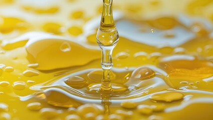 Poster - Close-up of liquid oil with droplets creating ripples on amber surface in soft focus with reflections and highlights