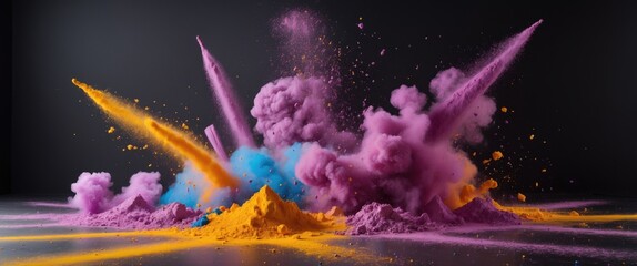 Poster - colorful powder explosion creating abstract dust clouds in shades of pink, blue, and yellow against 