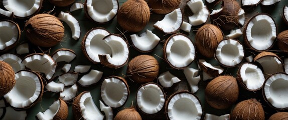 Poster - Coconut halves and pieces arranged on a surface with brown shells and white flesh scattered in a textured layout