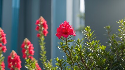 Poster - Vibrant red flowers blooming on green foliage in a softly lit environment with blurred background elements