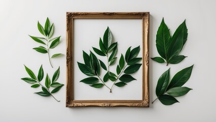 Poster - Botanical composition of green leaves arranged around an ornate gold picture frame on a white background
