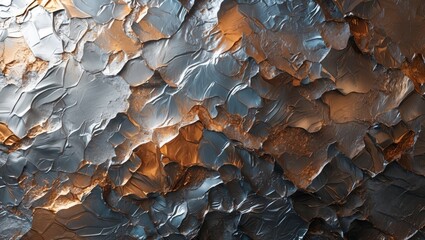 Poster - Close-up of textured metallic surface with layers of blue and copper tones reflecting light and creating depth and shadows