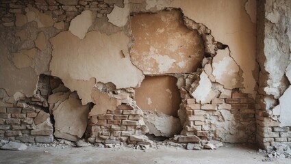 Poster - cracked and peeling interior wall with exposed brick and damaged plaster texture in abandoned building