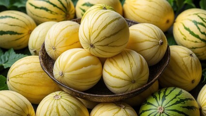 Poster - Fresh yellow melons piled in a woven basket amidst various melons on a wooden surface surrounded by green leaves.