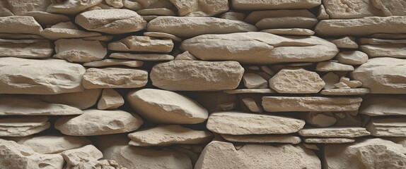 Poster - Textured stone wall with various shapes and sizes of light-colored stones stacked closely together in a seamless pattern