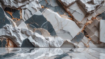 Poster - Abstract textured background of marble stone wall with mixed gray and white patterns and golden veins 3D rendering