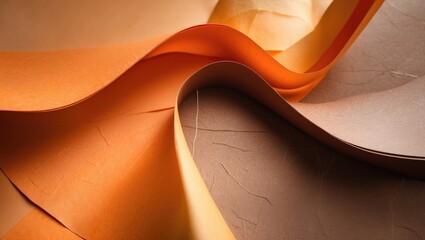 Poster - Curved and layered sheets of textured colored paper in warm tones of orange and brown creating an abstract composition