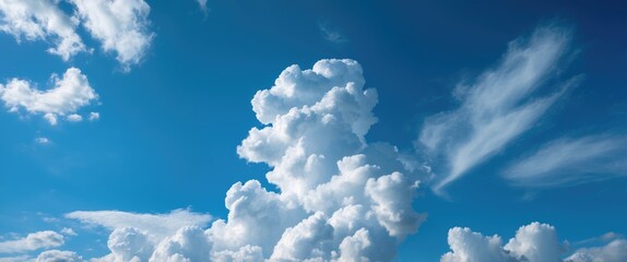 Poster - Fluffy white clouds against a bright blue sky with wispy cloud formations creating a serene atmospheric scene