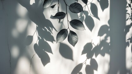 Poster - Leaves casting shadows on a light wall with intricate patterns formed by sunlight filtering through foliage.